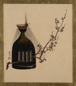 Pinturas de laca de varios temas: Rama de ciruelo con lámpara de aceite, 1882