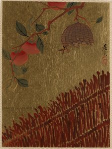 Rama de caquis y nido de avispas sobre un seto de Shibata Zeshin