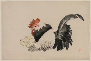 Gallo, Gallina y Pollitos, c. 1880s de Shibata Zeshin