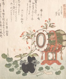Planta de Aoi, flores de cerezo, tambor y sombrero Eboshi representando el capítulo de Aoi, siglo XIX de Shinsai
