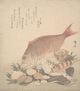 Peces grandes y pequeños nadando entre conchas y musgo en el fondo del mar, ca. 1830 de Shinsai