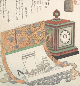 Reloj de mesa y Kakemono de un barco del tesoro de Shinsai