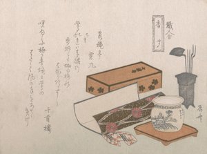 Utensilios para la ceremonia del incienso, Maestro de Incienso Kogiki, de la serie Una Arra..., ca. 1810s de Shinsai