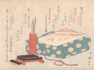 Juego de escritura y caja de tarjetas de poema Shikishi-bako, del álbum de Surimono Lluvia de Primavera, ca. 1805-10 de Shinsai