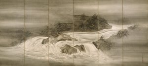 Paisaje fluvial con luciérnagas de Shiokawa Bunrin