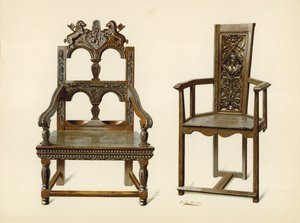 Silla de roble Cacqueteuse, propiedad de Percy Macquoid; Silla de tejo, propiedad del duque de Leeds de Shirley Charles Llewellyn Slocombe