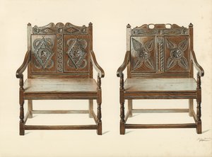Sillas dobles de roble (galesas), propiedad de H Clarence Whaite de Shirley Charles Llewellyn Slocombe