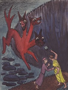 Dante y Virgilio con un monstruo de tres cabezas de Shirley Markham
