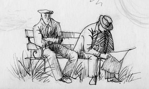 Dos hombres en un banco, c. 1950