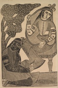 Krishna acariciando los pies de Radha, 1800s