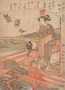 Dos mujeres jóvenes en una veranda observando chorlitos, ca. 1770 de Shunsho