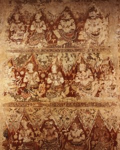 Pinturas murales que muestran deidades celestiales del período Ayutthaya temprano del siglo XVIII de Siamese School