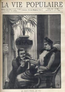 Un hombre de rodillas sostiene la mano de una mujer elegante, sentada en un salón burgués, vistiendo su abrigo, una manga y una bufanda de piel. Ilustración para 