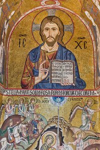 Capilla Palatina (Basílica), ábside sur o "absidiola" de San Pablo, mosaicos: "Cristo Pantocrátor" y "Natividad", siglo XII