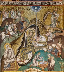 Capilla Palatina (Basílica), ábside sur o "absidiola" de San Pablo, mosaicos: "Natividad", siglo XII de Sicilian School