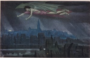 Lucifer volando sobre la ciudad. "¡Duerme, duerme, oh ciudad! Hasta que la luz te despierte de nuevo al pecado y al crimen