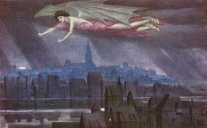 La Leyenda Dorada: Lucifer sobrevolando la ciudad (litografía en color) de Sidney Meteyard