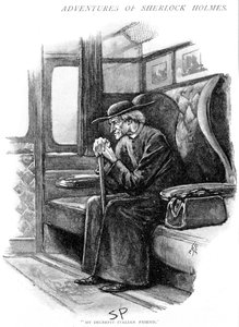 Arthur Conan Doyle La aventura del problema final Strand Magazine, Londres,1893. Ilustrado por Sidney E. Paget (1860-1908), primer artista que dibujó a Holmes. Holmes, en el papel de un viejo sacerdote italiano, espera la salida del tren de la estación Vic de Sidney Paget