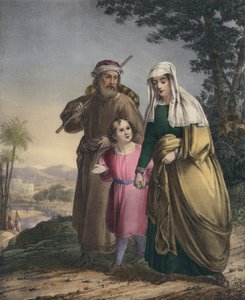 Jesús regresando con sus padres a Nazaret (grabado coloreado)
