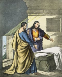 Pedro y Juan en el sepulcro, de una biblia impresa por Edward Gover, 1870