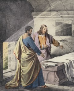 Pedro y Juan en el sepulcro, "Él ha resucitado" (grabado en color) de Siegfried Detler Bendixen