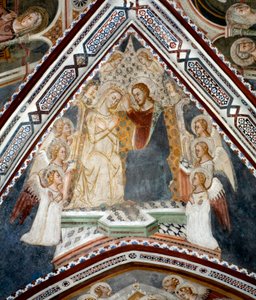 La coronación de la Virgen. Fresco de la Capilla de la Virgen realizado por la escuela de Siena del siglo XIV - Monasterio de San Benedetto (Sacro Speco), Subiaco (Roma), Italia de Sienese School