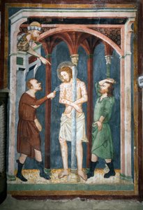 La flagelación (fresco de la escuela de Siena, siglo XIV, Iglesia Superior, Monasterio de San Benedetto)