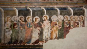La incredulidad del apóstol Tomás. Fresco de la escuela de Siena. Siglo XIV. Iglesia Superior. Monasterio de San Benedetto (Sacro Speco), Subiaco (Roma), Italia de Sienese School