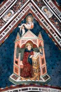 Vista del detalle de un fresco que decora una de las bóvedas de la Iglesia Superior que representa a los cuatro doctores de la Iglesia Romana: San Gregorio I el Grande y el evangelista San Mateo de Sienese School