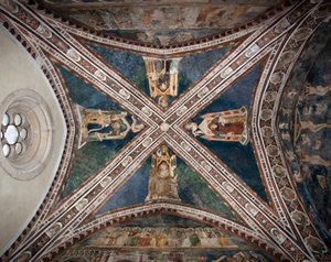 Vista de los frescos que decoran una de las bóvedas de la Iglesia Superior que representa a los cuatro doctores de la Iglesia Romana: Ambrosio de Milán de Sienese School