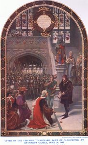 Oferta de la realeza a Ricardo Duque de Gloucester en el Castillo de Baynards, 26 de junio de 1483, de Cassells History of the British People publicado por la Waverley Book Company Limited, c.1940 de Sigismund Christian Hubert Goetze