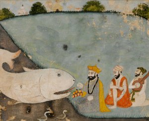 Guru Nanak con Bala, Mardana y el gran pez (Vishnu en Matsyavatara) de Sikh School