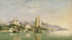Ataque a un convoy de dieciocho mercantes franceses en Laigrelia y Alassio, 27 de junio de 1812, principios del siglo XIX (pluma, tinta, grafito, acuarela) de Silas Thomson (attr.to) Hood