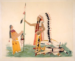 Comanche y su esposa encuentran y luchan con un Ute, de una serie de episodios legendarios pintados por el artista