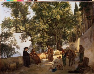Una terraza en la orilla, cerca de Sorrento (Sorrento, Italia) (monjes capuchinos en conversación y un hombre cargando su burro con pequeños barriles) - Una terraza a la orilla del mar, Cappuccini cerca de Sorrento - Pintura de Sylvester Feodosiyevich Shch de Silvestr Fedosievich Shchedrin