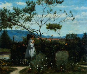 Entre las flores en el jardín, por Silvestro Lega (1826-1895) de Silvestro Lega