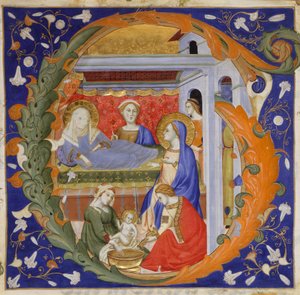 Iluminación de Manuscrito con el Nacimiento de la Virgen en una Inicial G, de un Gradual de Silvestro dei Gherarducci