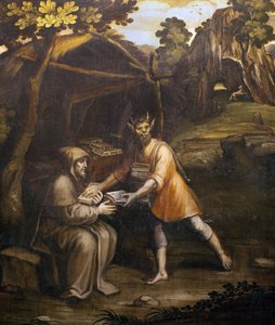 El diablo se lleva los libros sagrados y los sustituye por libros profanos; pintura de Simao Rodrigues (1560-1629); (El diablo se lleva los libros sagrados y los sustituye por libros profanos; pintura de Simao Rodrigues