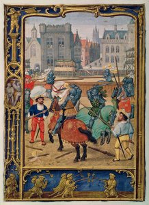 Añadir 24098 f.23v Junio: Justas y un juego con caballos de juguete, de un Libro de Horas, o el Libro de Golf, c.1520-30 (vitela) de Simon (workshop of) Bening