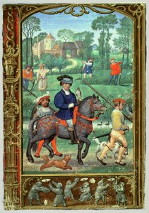 Añadir 24098 f.24v Julio: Cetrería, henificación y caza de mariposas, de un Libro de Horas, o el Libro de Golf, c.1520-30 (vitela) de Simon (workshop of) Bening
