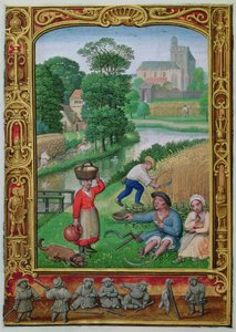 Añadir 24098 f.25v Agosto: Cosecha cerca de un río, de un Libro de Horas, o el Libro de Golf, c.1520-30 (vitela) de Simon (workshop of) Bening