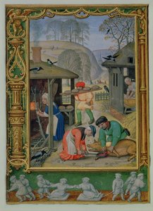 Añadir 24098 f.29v Diciembre: Preparando la comida para el invierno, haciendo pan y matando un cerdo, de un Libro de Horas, o el Libro de Golf, c.1520-30 (vitela) de Simon (workshop of) Bening