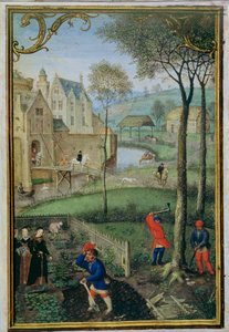 Add 18855 f.108 March: tala de árboles, de un Libro de Horas, c.1540 (vitela) de Simon Bening