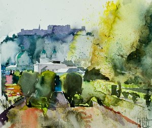 Salzburgo desde los jardines Mirabell, 2008 (acuarela) de Simon Fletcher