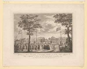 Despedida de Willem V y su esposa en el Buiten Amstel, 1768
Despedida de Sus Altezas Reales y Serenísimas al Honorable Magistrado de la Ciudad de Amsteldam, y salida del Buiten Amstel, el 4 de junio de 1768 (título en el objeto)
Imagen de Simon Fokke