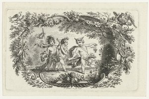 Tres putti en una colmena de Simon Fokke