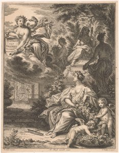 flora en un jardin Página de título para: Tielman van Bracht, Tuingedagten. En seis cursos, 1754 de Simon Fokke
