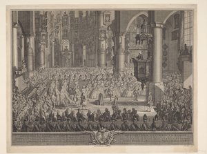 Matrimonio de Karel Christian van Nassau-Weilburg con la princesa Carolina, 1760 Representación de la ceremonia de boda solemne del (...) príncipe van Nassau Weilburg con (...) Carolina van Oranje & Nassau tuvo lugar el miércoles 5 de marzo de 1760 en Groo de Simon Fokke