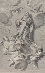 El éxtasis de Santa Catalina de Siena, arrodillada en una nube llevada por ángeles de Simon Francois Ravenet