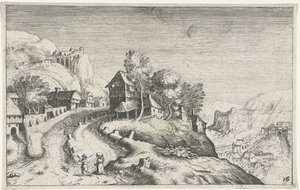 Pueblo en un paisaje de montaña Diferentes paisajes (título de la serie) Topographia variarum regionum (título de la serie) de Simon Frisius (attributed to)